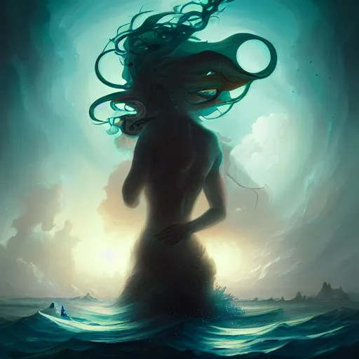 Image similar to in the style of Peter Mohrbacher, Steve Niles and artgerm, Chtulhu, Lovecraftian, ocean, night, storm, lighting