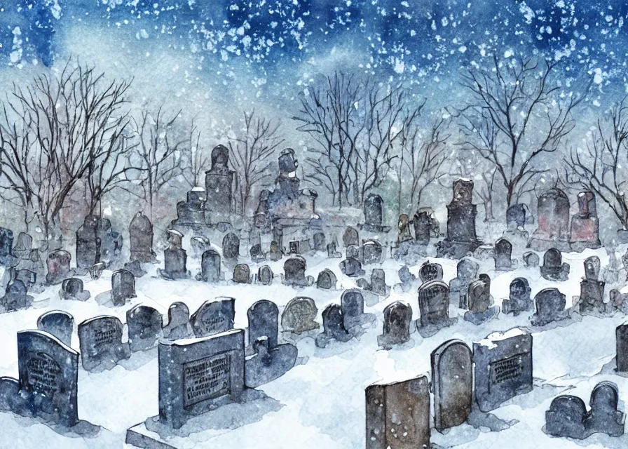 Prompt: graveyard with large monuments covered in snow, watercolor illustration