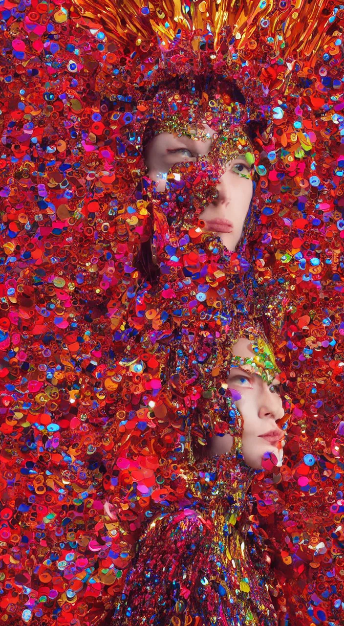 Prompt: a female full - body character design, concept art, wearing psychedelic high fashion, a red sequined bodysuit, beads hanging over her face like an alexander mcqueen headdress, costume by eiko ishioka, haute couture, and a red cape, by moebius, steven outram, colorful and psychedelic, hd, 8 k, artstation, high quality