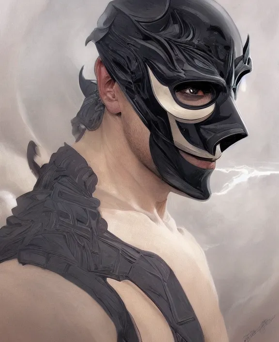 Image similar to portrait close up of man with black mask, concentrated look, symmetry, with an explosion on the back, d & d, fantasy, intricate, elegant, highly detailed, digital painting, artstation, concept art, art by artgerm and greg rutkowski and alphonse mucha, boris vallejo