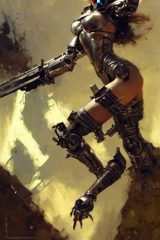 Image similar to futuristic women with medieval armor cyborg fighting dynamic poses, holding a gunsword, detail, beautifull face, no blur, painting by gaston bussiere, craig mullins, greg rutkowski, yoji shinkawa, sorayama