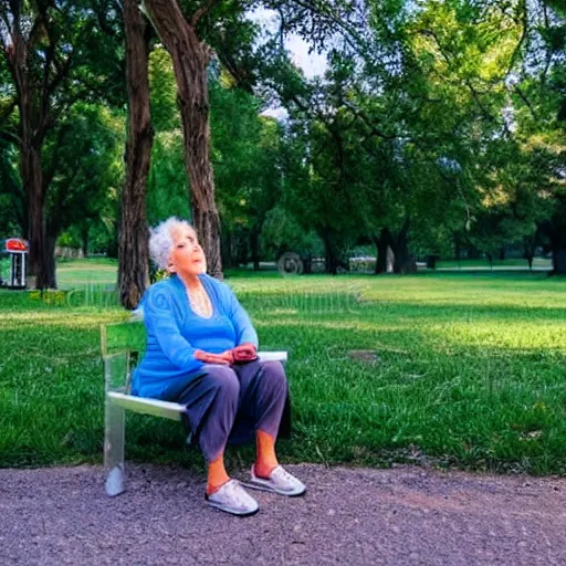 Prompt: an older woman sitting in a park wearing a thin translucent oxygen line under her nose, 4 k, stock photo