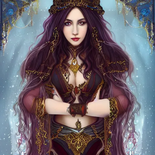 Prompt: A beautiful detailed portrait of an erotic and tempting young beautiful female fantasy sorceress with fair skin and long dark brown hair dressed in ornate magical clothing by Kirbi Fagan, trending on artstation