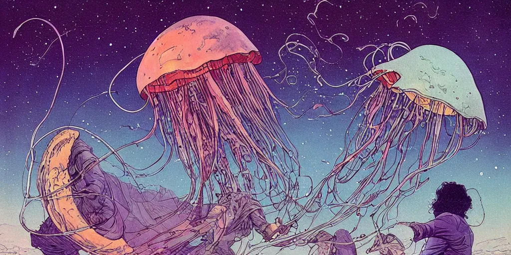 Image similar to giant jellyfish in space by moebius and mohrbacher, incredible sci-fi 1970s,