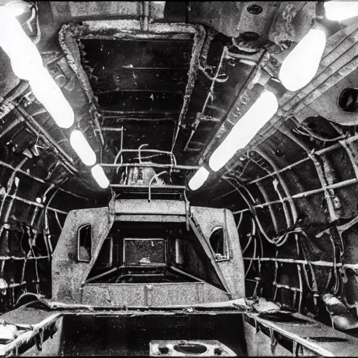 Prompt: Interior of a sinking Soviet submarine, all alone, thalassophobia, claustrophobic, terror, cramped, archival footage