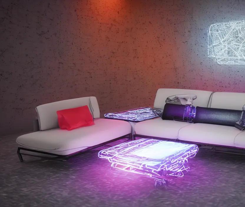 Image similar to japanese model cybernetic sofa with digital led texture, back neon lighting, techno projectors, promotional magazine photograph, intricate details, ultra realistic, unreal engine 5, depth of field, bokeh, octane render