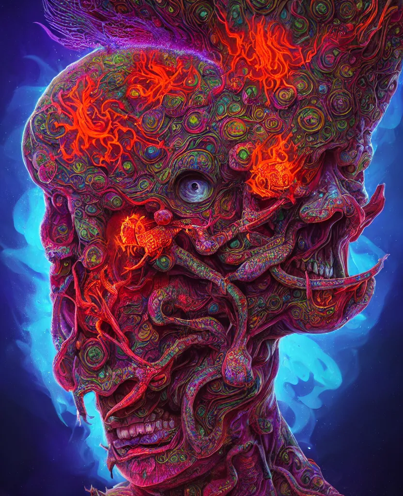 Image similar to psychedelic shaman close-up portrait. amanita muscaria phoenix head, nautilus, insect, skull, ice and fire, bioluminiscent creatures, intricate artwork by Tooth Wu and wlop and beeple. octane render, trending on artstation, greg rutkowski very coherent symmetrical artwork. cinematic, hyper realism, high detail, octane render, 8k