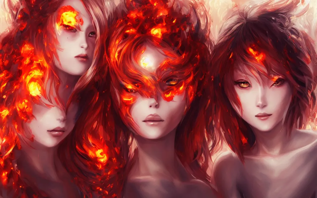 Image similar to A realistic anime portrait of a beautiful fire spirit twins with glowing red eyes and firey skin wearing clothes made of flames, digital painting, by Stanley Artgerm Lau, Sakimichan, WLOP and Rossdraws, digtial painting, trending on ArtStation, SFW version