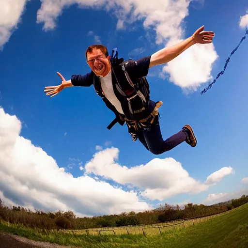 Image similar to A horizontal wide shot of ((Tom Pretty)) free falling from the sky, photorealistic, blue sky