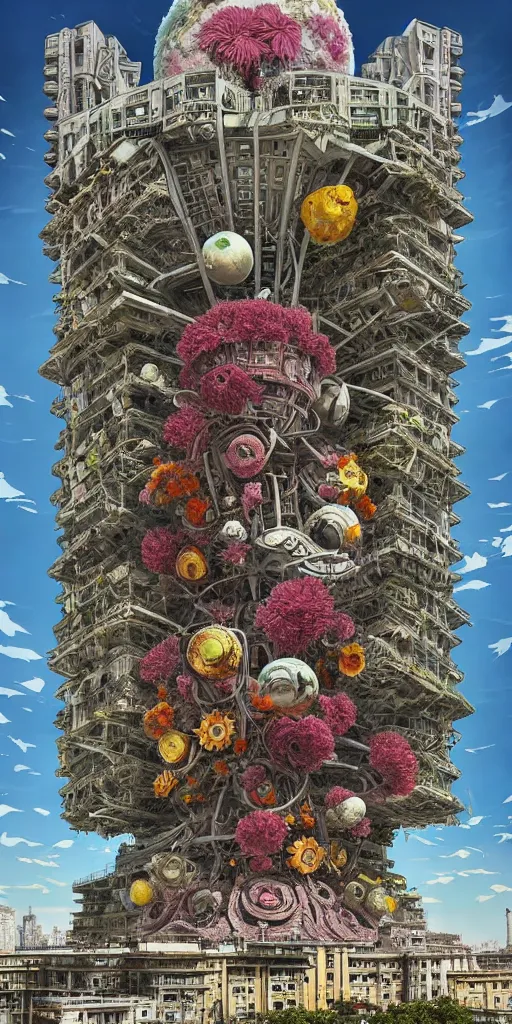 Image similar to colossal alien flower in the middle of abandoned post soviet constructivist cityscape, Stalinist architecture, ultradetailed, Intricate by Hayao Miyazaki and Josan Gonzalez and Giuseppe Arcimboldo and Wes Anderson and H.R. Giger