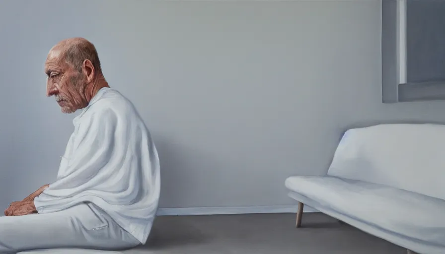 Prompt: a lonely sad man with wrinkles in white clothes sits in a clean white empty apartment and stares into the distance, photorealistic painting