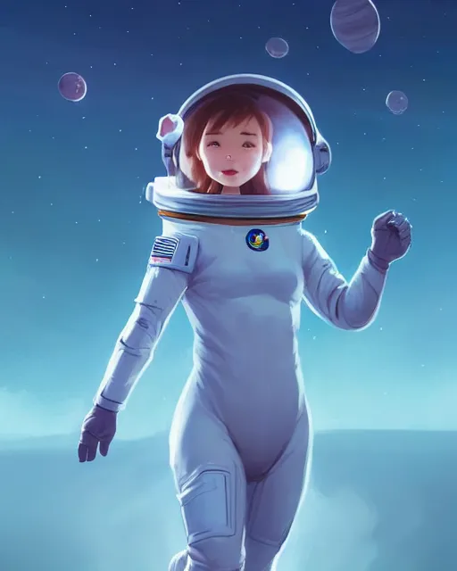 Image similar to concept art of an astronaut girl, wearing a tight astronaut suit, floating through space | | cute - fine - fine details by stanley artgerm lau, wlop, rossdraws, james jean, andrei riabovitchev, marc simonetti, and sakimichan, trending on artstation