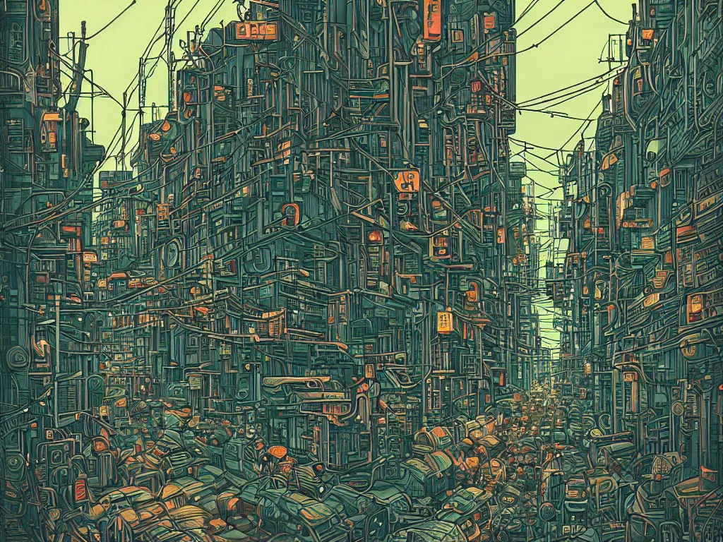 Prompt: industrial street in a cyberpunk city, by audrey kawasaki, dynamic composition, dramatic lighting, ultra detailed