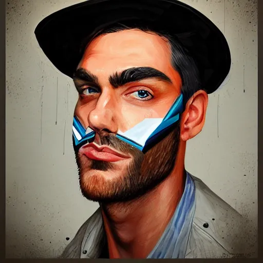 Prompt: beautiful sophisticated man face with a hat by sandra chevrier, artstation, hd, uplight