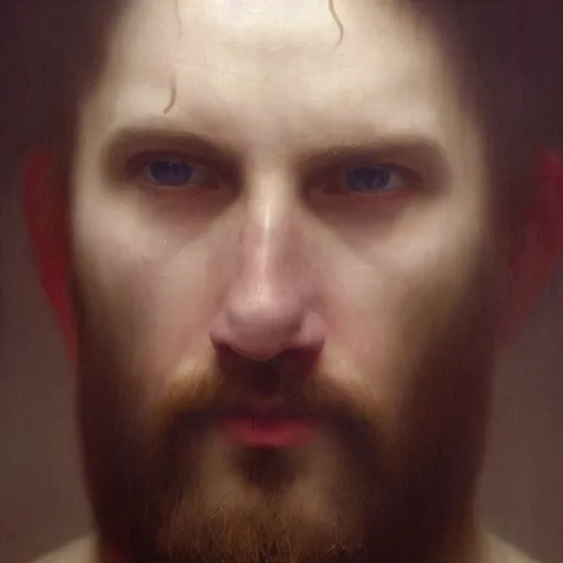 Image similar to hyperrealistic oil painting of a sad man, big oil paint drips, dim volumetric lighting, 8 k octane beautifully detailed render, post - processing, portrait, extremely hyper - detailed, intricate, epic composition, cinematic lighting, masterpiece, by william - adolphe bouguereau, trending on artstation, very very detailed, masterpiece, stunning,