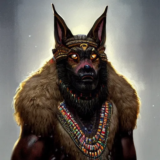 Prompt: very detailed portrait painting of a Tribal Egyptian Clothes Werewolf with black fur, featured in artstation, concept art by Greg Rutkowski, WLOP, Dan Mumford, Christophe Vacher