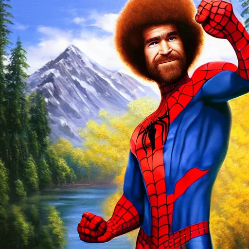 Image similar to a closeup photorealistic photograph of bob ross working on a canvas painting of spiderman. film still. brightly lit scene. mountains and trees. this 4 k hd image is trending on artstation, featured on behance, well - rendered, extra crisp, features intricate detail, epic composition and the style of unreal engine.