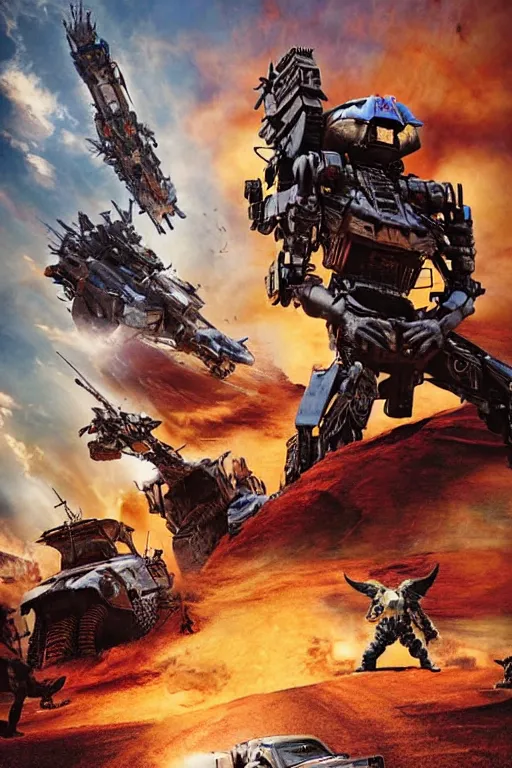 Image similar to epic sandstorm battle, Action, movie pacific rim, in the Movie transformers, in the Movie Mad Max: Fury Road (2015), by drew struzan