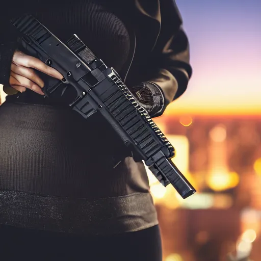 Prompt: photographic portrait of a techwear woman holding a Glock 18, closeup, on the rooftop of a futuristic city at night, sigma 85mm f/1.4, 4k, depth of field, high resolution, full color, two coherent arms