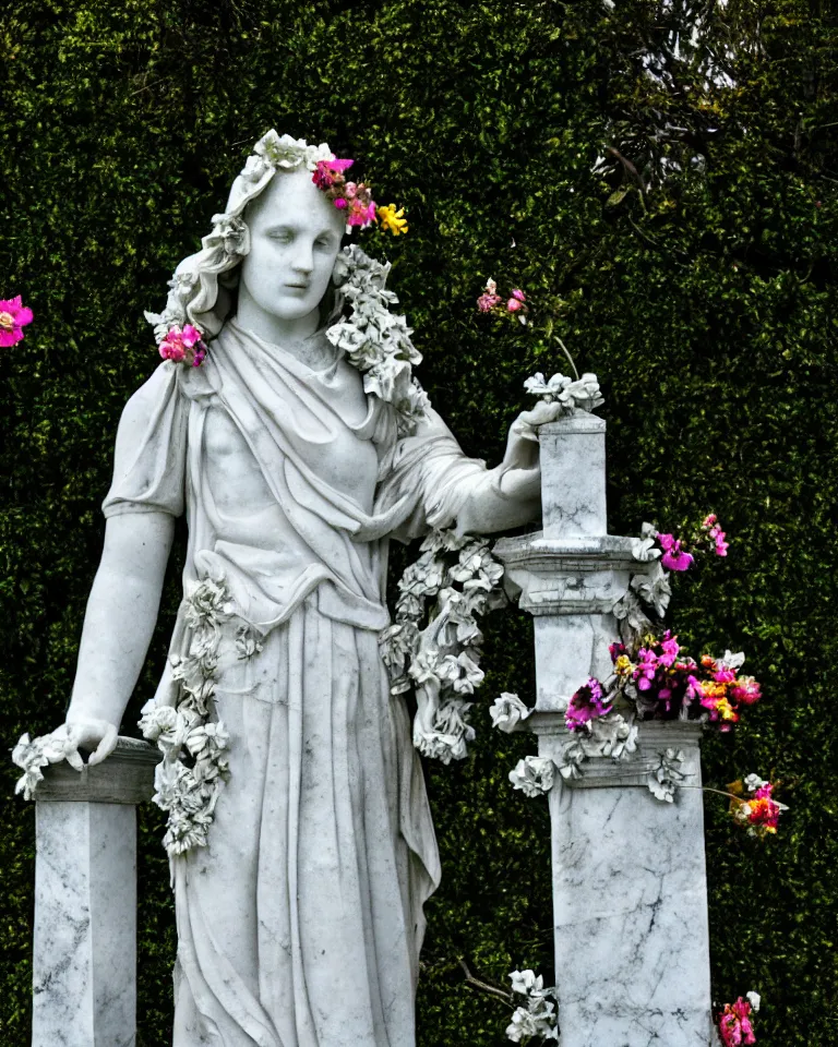 Image similar to an idealistic marble gothic cemetery statue, made of flowers, made of mist, full frame