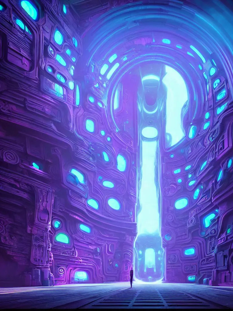 Image similar to entrance to ethereal realm, matrix sentient, rendered in unreal engine, central composition, symmetrical composition, dreamy colorful cyberpunk colors, 6 point perspective, fantasy landscape with anthropomorphic!!! terrain!!! in the styles of igor morski, jim warren and rob gonsalves, intricate, hyperrealistic, volumetric lighting, neon ambiance, distinct horizon