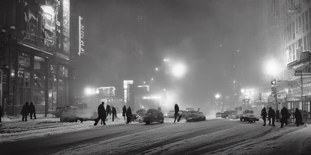 Image similar to a high resolution photo of a new york street at night surrounded with smoke and cars with bright headlights covered in snow and silhouettes of people walking on the street, by joel meyerowitz, realistic photo, leica, magnum award winning photograph, parallax photography,