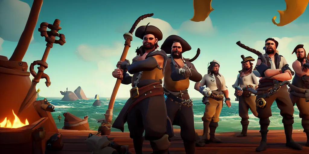 Image similar to portrait of sea of thieves characters, sea of thieves screenshot, storm, unreal engine, digital art, kraken monster