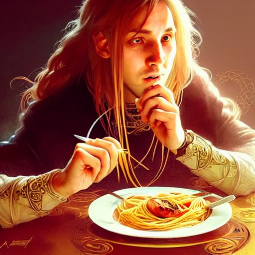 Prompt: Messi eating spaghetti, D&D, fantasy, intricate, elegant, highly detailed, digital painting, artstation, concept art, matte, sharp focus, illustration, art by Artgerm and Greg Rutkowski and Alphonse Mucha