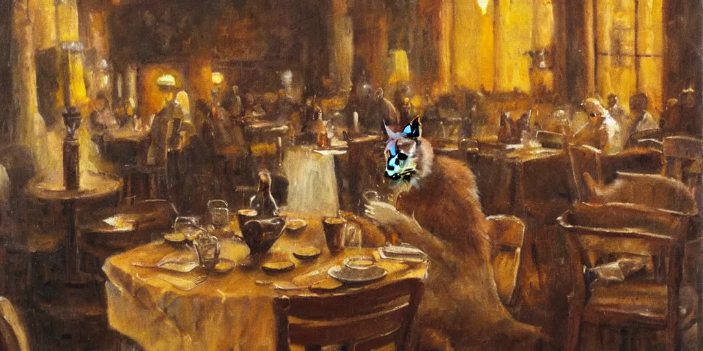 Image similar to brown cat with yellow eyes is sitting at table in a cafe at paris in early 2 0 th century. atmospheric feeling, warm colours, brown colours, yellow colours, epic scene, cinematic, very detailed, oil painting