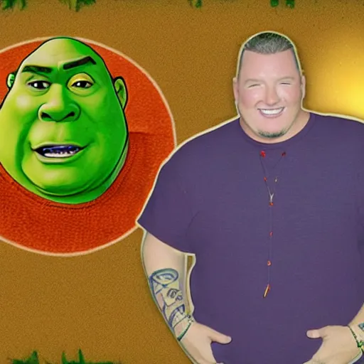 Image similar to smash mouth singer Steve harwell depicted as shrek (1997), DreamWorks animation