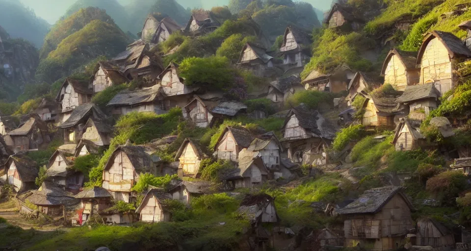 Prompt: beautiful village with japaneese mushroom houses on a mountain slope, realistic concept art, eytan zana, one pixel brush, lavander and yellow color scheme, concept art, trending on artstation