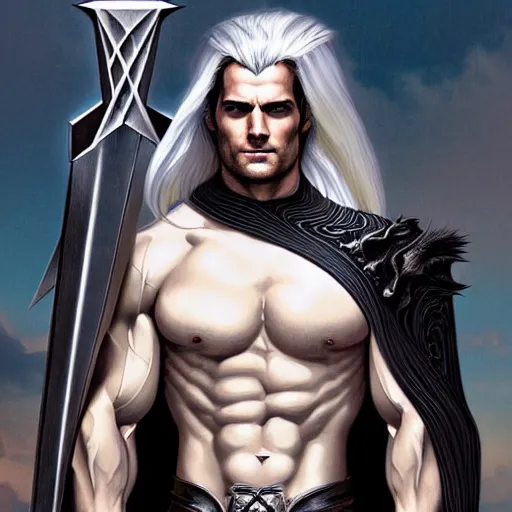 Prompt: Henry Cavill as Sephiroth with black wings, western, D&D, fantasy, intricate, elegant, highly detailed, digital painting, artstation, concept art, matte, sharp focus, illustration, art by Artgerm and Greg Rutkowski and Alphonse Mucha