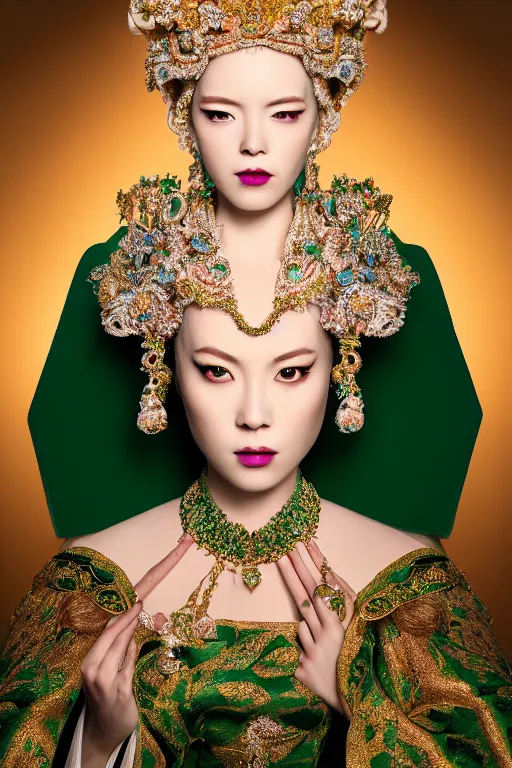 Prompt: a beautiful empress portrait, with a brilliant, impossible striking shiny big emerald headpiece, white and emerald robes, dramatic studio lighting, rococo, baroque, jewels, asian, hyperrealistic, closeup, D&D, fantasy, intricate, elegant, highly detailed, digital painting, artstation, octane render, 8k, concept art, matte, sharp focus, illustration, art by Artgerm and Greg Rutkowski and Alphonse Mucha