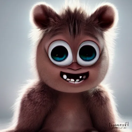 Image similar to a cute little monster baby with long fur, portrait, pixar style, extremely realistic photo, heaven background, cinematic lighting, award winning creature portrait photography