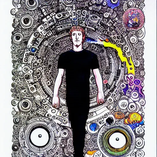 Image similar to the inner self of mark zuckerberg, clockwork engine, psychedelic, lsd, spiritual, mystical, epic beautifully detailed pen, ink and copic markers drawing by milo manara