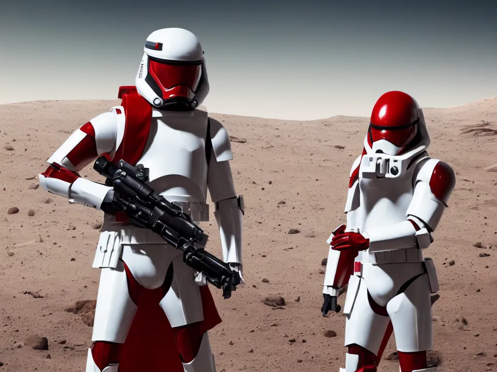 Prompt: one space trooper in glossy sleek white armor with small red details, long red cape, not wearing a helmet, heroic posture, aiming laser rifle, on the surface of mars, explosions in the background, night time, dramatic lighting, cinematic, sci-fi, hyperrealistic, movie still