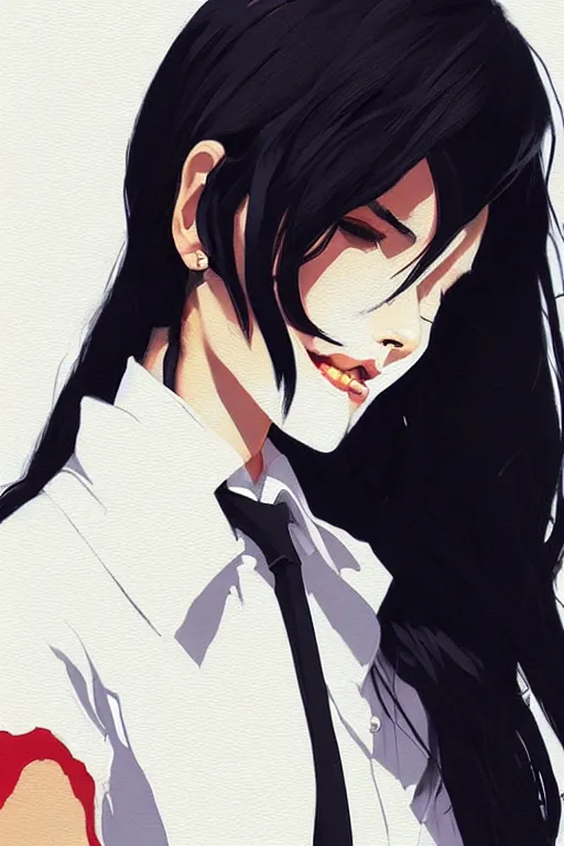 Image similar to a ultradetailed beautiful panting of a stylish woman wearing a shirt with a tie, she has black hair, by conrad roset, greg rutkowski and makoto shinkai, trending on artstation