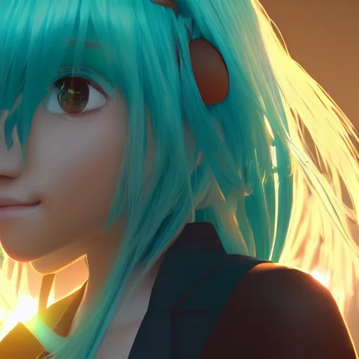 Image similar to hatsune miku, volumetric lighting, beautiful, golden hour, sharp focus, ultra detailed, cgsociety by leesha hannigan, ross tran, thierry doizon, kai carpenter, ignacio fernandez rios, noir photorealism, film