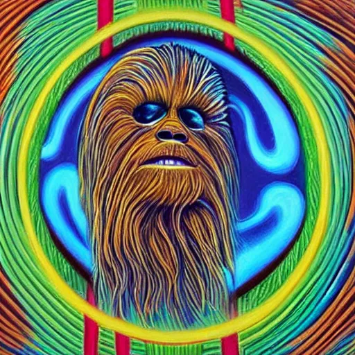 Image similar to A painting of chewbacca thinking designed by alex grey, flooko, etheral, detailed, glows,