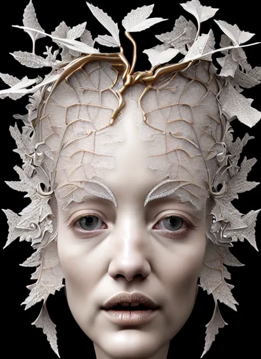 Prompt: complex 3d render ultra detailed of a beautiful porcelain profile woman face, mechanical cyborg, 150 mm, beautiful studio spotlight, rim light, silver gold red details, fine filigran foliage lace, magnolia big leaves and stems, roots, mesh wire, Alexander Mcqueen haute couture, luxurious, intricate details, hyper realistic, mandelbrot fractal, anatomical, facial muscles, cable wires, microchip, elegant, octane render, H.R. Giger style, 8k