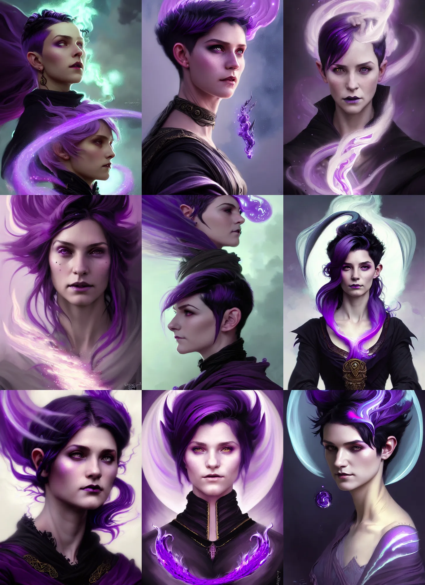 Prompt: Portrait of dragonic female witch sorcerer, D&D fantasy, pixie undercut hairstyle with black to purple fade, magic particles in the air, wispy smoke, intricate, highly detailed, digital painting, artstation, concept art, sharp focus, illustration, art by greg rutkowski and alphonse mucha