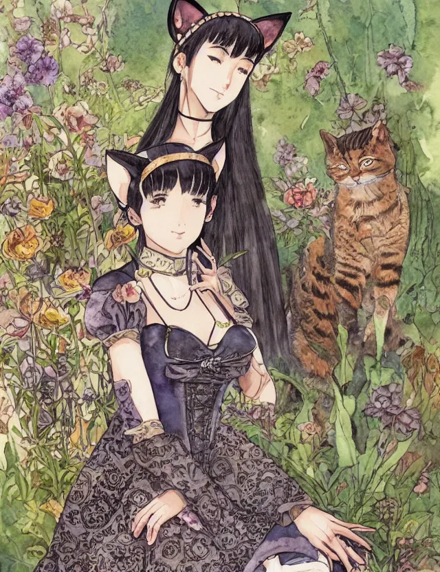Prompt: central asian woman with cat ears, wearing a lovely dress in a steampunk garden. this watercolor painting by the award - winning mangaka has impeccable lighting, an interesting color scheme and intricate details.