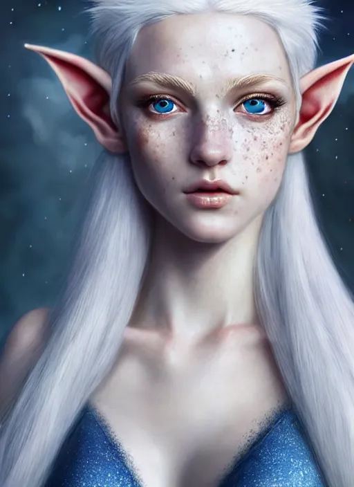 Prompt: a beautiful portrait, white background, gorgeous fantasy elf. professionally retouched, soft lighting, freckles, realistic, smooth face, gorgeous blue eyes, long white hair, cute ears, wide angle, sharp focus on the eyes, 8 k high definition, insanely detailed, intricate, elegant, gorgeous, art by artgerm and wlop