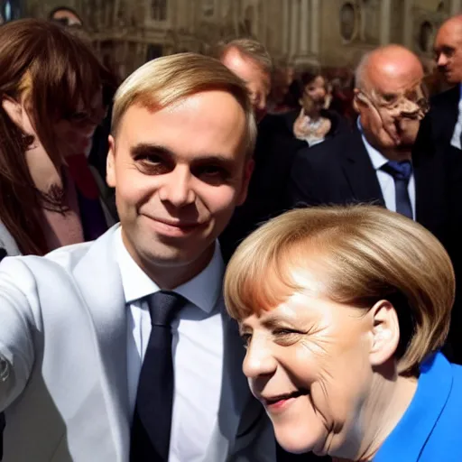 Prompt: armin taking a selfie with angela merkel in berlin