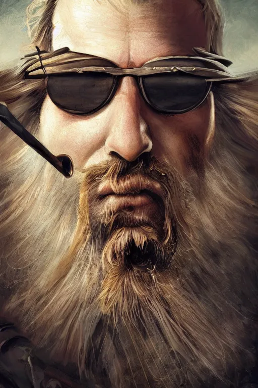 Image similar to blonde wild hair beard man, pirate eye - patch, playing guitare, close - up portrait, powerfull, intricate, elegant, volumetric lighting, scenery, digital painting, highly detailed, artstation, sharp focus, illustration, concept art, ruan jia, steve mccurry