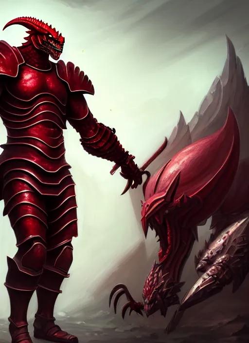 Image similar to heavy armor!!! muscular and tall crimson dnd male dragonborn!! draconian!! character concept art, sharp focus, octane render! unreal engine 5! highly rendered!! trending on artstation!! detailed linework!! illustration by artgerm, wlop, and chie yoshii