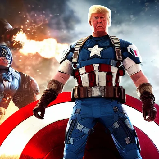 Image similar to Portrait of Donald Trump as captain america in Gears of War, splash art, movie still, cinematic lighting, dramatic, octane render, long lens, shallow depth of field, bokeh, anamorphic lens flare, 8k, hyper detailed, 35mm film grain