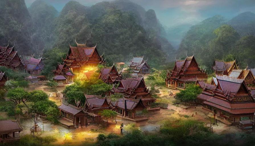 Image similar to matte painting of a beautiful thai village, digital art, trending on artstation