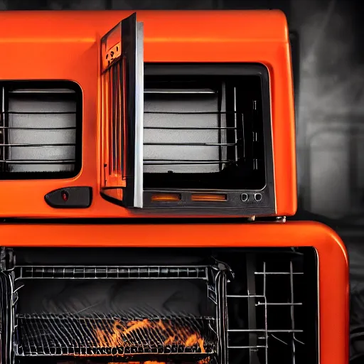 Prompt: toaster oven hanging by metallic cables, symmetry, dark messy smoke - filled cluttered workshop, dark, dramatic lighting, orange tint, sparks, cinematic, highly detailed, sci - fi, futuristic, movie still