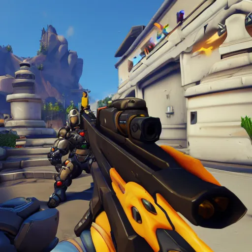 Image similar to screenshot from a game of overwatch, first person, coherent